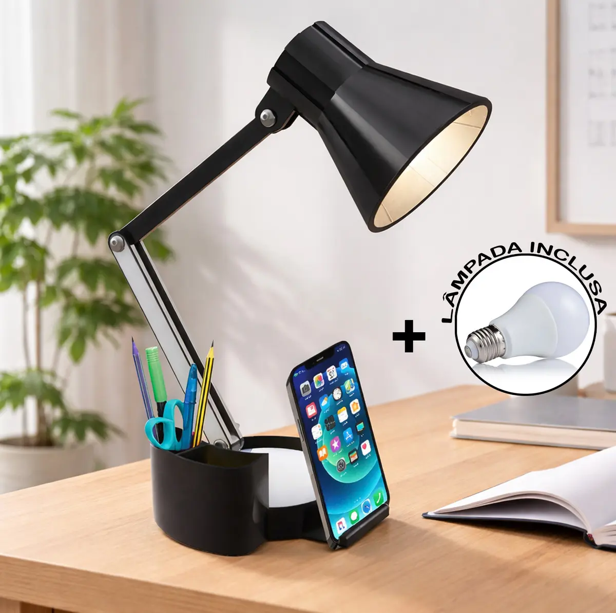 Luminária Articulável com Porta Lápis, Caneta E Suporte de Celular abajur articulado ajustável